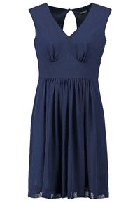 Robe sans manches bleu marine avec col en V, taille ajustée, jupe froncée et fermeture à bouton à œillet dans le dos au niveau du cou.