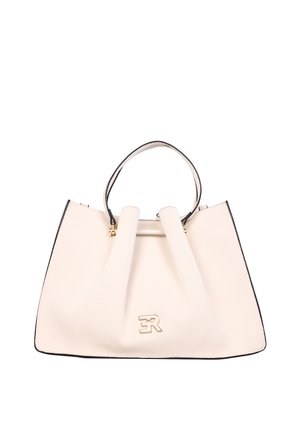 Borsa in pelle color crema con bordi neri, doppi manici e logo dorato "ER" al centro anteriore.