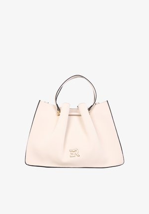 Borsa in pelle color crema con bordi neri, doppi manici e logo dorato "ER" al centro anteriore.