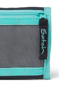 Black and turquoise storage pouch with a textured finish, featuring a zip closure and a side label with "Satch" in turquoise lettering.