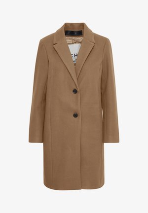 Brun uldblandingsfrakke med notch krave, to sorte knapper og lange ærmer med lige snit. Glat tekstur, minimal detaljering.