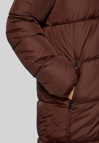 Braune Daunenjacke mit hochglänzender Oberfläche, ausgestattet mit einer Reißverschlusstasche und einer gesteppten Textur. Der Ärmel ist leicht gerafft für eine bessere Passform.