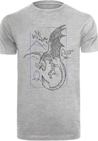 Camiseta de algodón gris con un diseño de dragón dibujado en línea azul y un paisaje montañoso, con detalles intrincados y varias formas.