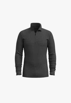 Pullover grigio scuro a maniche lunghe con zip a un quarto, caratterizzato da un design aderente e da una lieve trama. Presenta piccoli dettagli sui polsini.