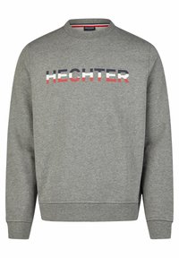Grijze sweatshirt met ronde halslijn, ribgebreide mouwen en zoom. Beschikt over een meerkleurig "HECHTER"-logo op de borst. Zachte textuur.