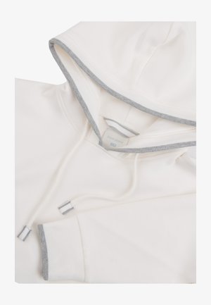 Weißes Kapuzen-Sweatshirt mit grauem Besatz am Kapuzenrand, an den Enden des Kordelzugs und an den Bündchen, gefaltet dargestellt, mit sichtbarem Markenschild.