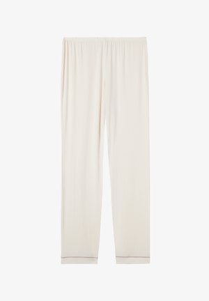 Lichte crèmekleurige loungebroek van zachte stof. Heeft een elastische tailleband en eenvoudige omgezoomde manchetten, met een gladde, ongegeven oppervlakte.