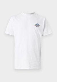 White cotton t-shirt featuring a colorful embroidered UFO graphic on the left chest area. Classic crew neck and short sleeves.