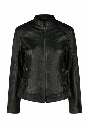 Schwarze Lederjacke mit durchgehendem Frontreißverschluss, Stehkragen, seitlichen Reißverschlusstaschen und langen Ärmeln.