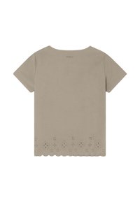 T-shirt beige a maniche corte con scollatura rotonda, caratterizzato da un orlo scallop decorato con dettagli floreali intagliati nella parte inferiore.