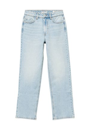 Jasnoniebieskie dżinsy z denimu o prostych nogawkach, z pięcioma kieszeniami i zapinane na guzik. Tkanina ma gładką fakturę z delikatnym wyblaknięciem.