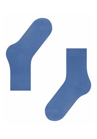 Blaue Baumwollsocken mit glatter Textur und verstärkten Zehen. Mit einem umgeschlagenen Saum und dem "FALKE"-Logo in goldener Schrift.