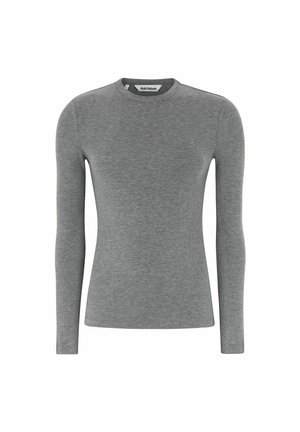 Sivá dlhá rukávová košeľa vyrobená z jemného materiálu, s okrúhlym výstrihom a priliehavým strihom. Jednoduchý dizajn bez viditeľných vzorov alebo ozdôb.