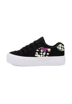 Black sneakers with a white sole, featuring colorful checkerboard and abstract patterns on the side, made of textured fabric with laces.