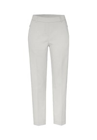 Hellegraue Hosen in Slim Fit, mit einer glatten Textur, einem Bund und Fronttaschen. Das Design ist minimalistisch und tailliert.