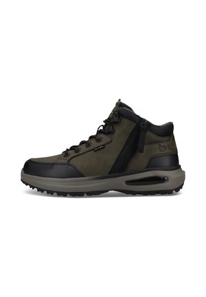 Mid-height olive green and black hiking boot with lace-up, side zipper, padded collar, and thick rubber sole with tread for outdoor use.