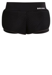 Svarta meshshorts med en texturerad yta, bred midjeresår med "DK1985" och vänligt rundade sidor för komfort och flexibilitet.
