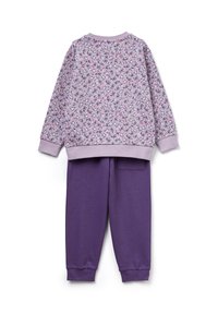 Completo per bambini composto da un top a maniche lunghe floreale lilla e pantaloni viola solidi con caviglie e vita a coste.