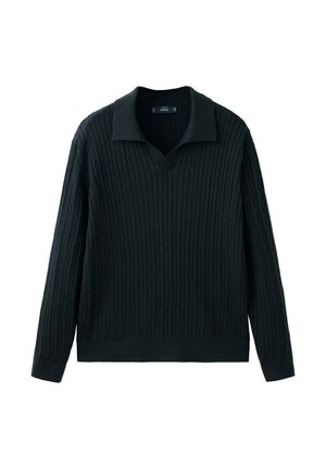 Jersey negro de punto tipo cable con mangas largas, cuello ancho y escote en V, mostrado sobre un fondo blanco.