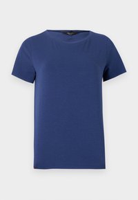 Camiseta de manga corta azul oscuro hecha de un tejido suave, con un escote redondo y un corte recto, con un pequeño acento contrastante en el dobladillo.