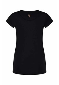 Schwarzes, kurzärmeliges, tailliertes T-Shirt mit Rundhalsausschnitt und kleinem goldenem "UG"-Logo im Nacken auf der Innenseite.