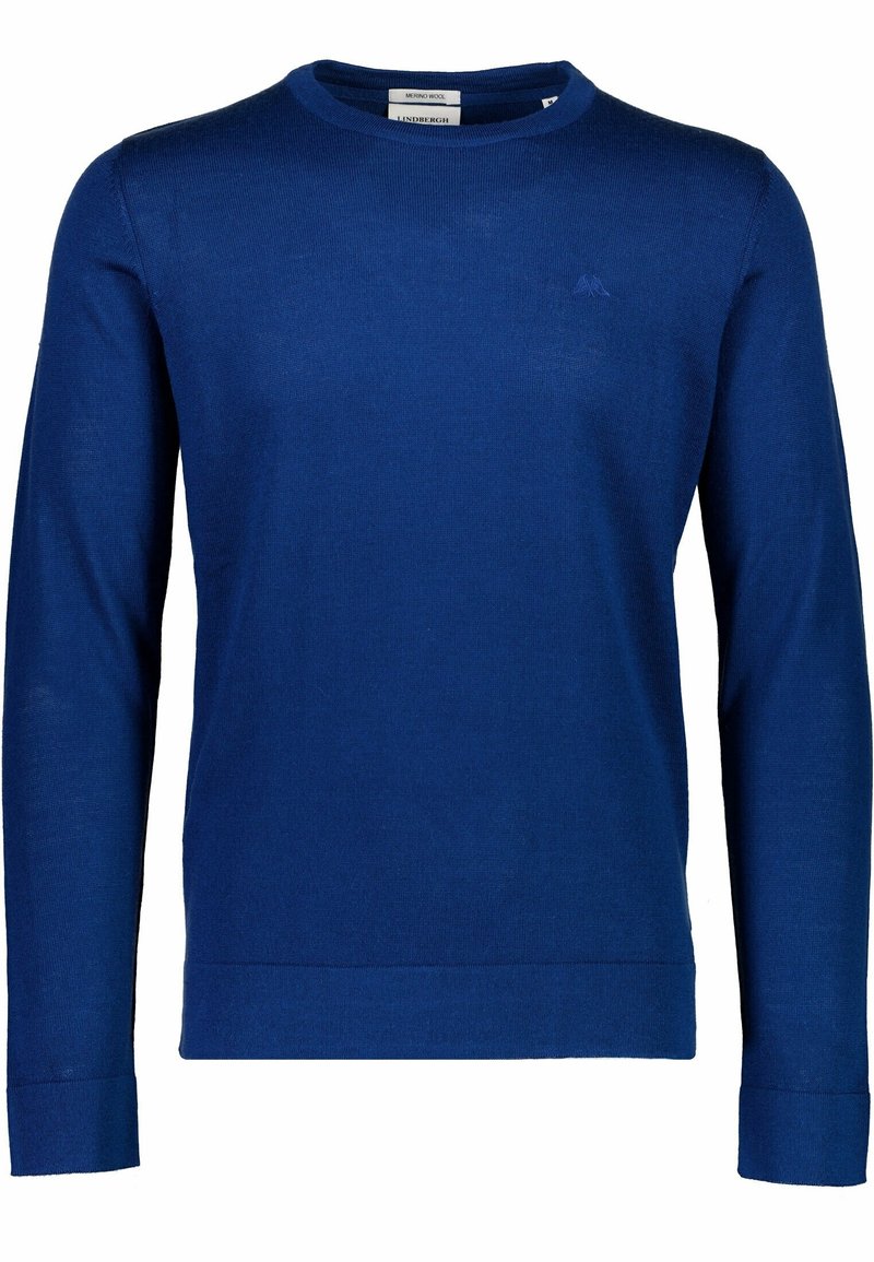 Pull bleu en laine mérinos pour homme à manches longues avec col rond et logo discret sur la poitrine.