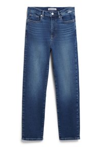 Jean en denim bleu avec une coupe droite, cinq poches, et une légère décoloration sur les cuisses, comportant une fermeture à bouton et à glissière.