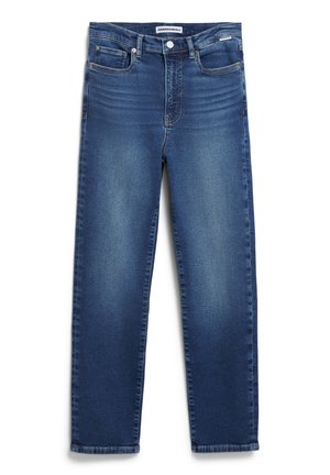 Blaue Denim-Jeans mit geradem Bein, Fünf-Taschen-Design und leichtem Verblassen an den Oberschenkeln, ausgestattet mit einem Knopf- und Reißverschluss.