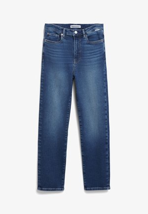 Blauwe spijkerbroek met een recht gesneden ontwerp, vijf zakken, en lichte vervaging op de dijen, met een knoop- en ritssluiting.