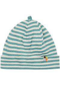 Cappello a beanie a righe in teal e bianco, realizzato in tessuto morbido, con un piccolo etichetta colorata e un anello sulla sommità per appenderlo.