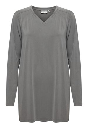 Ilgų rankovių pilkas v-kaklo marškinys, pagamintas iš švelnios medžiagos, su subtiliais blizgučiais ant pečių ir šoninėmis įpjovomis apačioje, užtikrinančiomis patogumą judant.