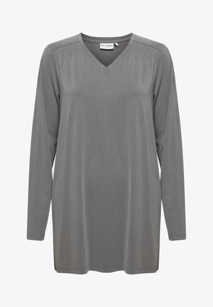 Ilgų rankovių pilkas v-kaklo marškinys, pagamintas iš švelnios medžiagos, su subtiliais blizgučiais ant pečių ir šoninėmis įpjovomis apačioje, užtikrinančiomis patogumą judant.