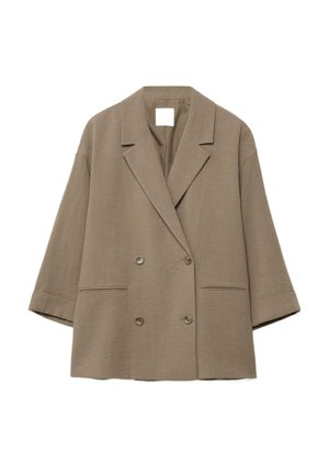 Světlý hnědý oversized dvouřadý blejzr se širokými klopami, dvěma předními kapsami a tříčtvrtečními rukávy.