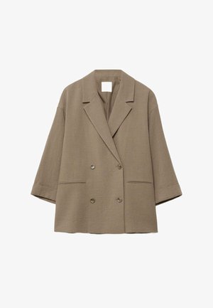 Světlý hnědý oversized dvouřadý blejzr se širokými klopami, dvěma předními kapsami a tříčtvrtečními rukávy.