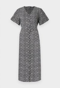 Vestido com padrão floral em preto e branco, mangas curtas, decote em V profundo, fecho de botões na frente, até ao joelho, feito de tecido leve, corte casual.