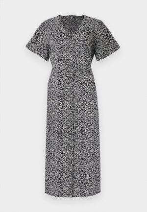 Vestido con estampado floral en blanco y negro, de manga corta, escote en V profundo, con botones en la parte delantera, hasta la rodilla, hecho de tela ligera, con un ajuste cómodo.