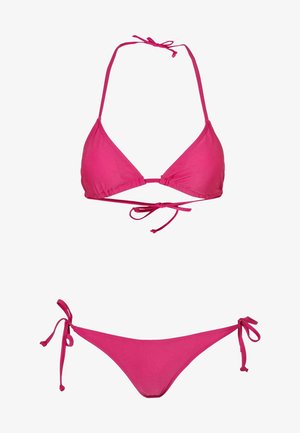 Rosa bikiniset med trekantstopp som knyts i nacken och ryggen, samt matchande underdel med knytningar i sidorna. Slät tygstruktur.