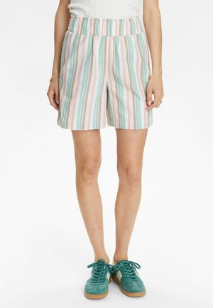 Gestreepte shorts in pastelkleuren (roze, groen, wit) met een elastische tailleband, twee zijzakken en een ontspannen pasvorm.