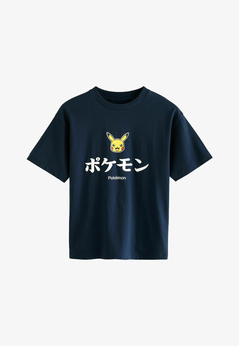 Mørkeblå bomulds T-shirt med et trykt Pikachu grafik og ordet "ポケモン" (Pokémon) i hvid tekst under billedet.