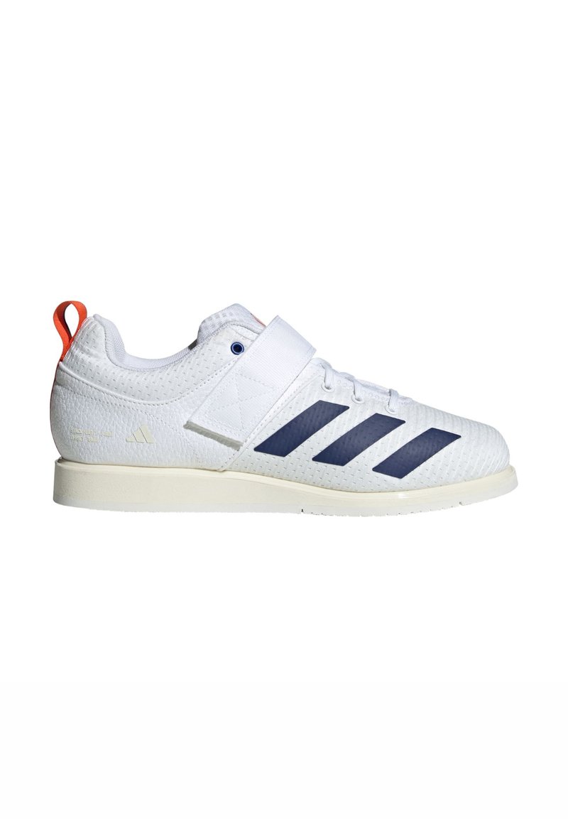 White athletic shoe with navy stripes, soft mesh texture, adjustable strap, and orange heel tab. Features a light, cushioned sole.