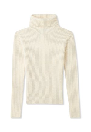 Maglione a collo alto a coste crema con maniche lunghe e design aderente. Tessuto morbido con sottili variazioni di colore.