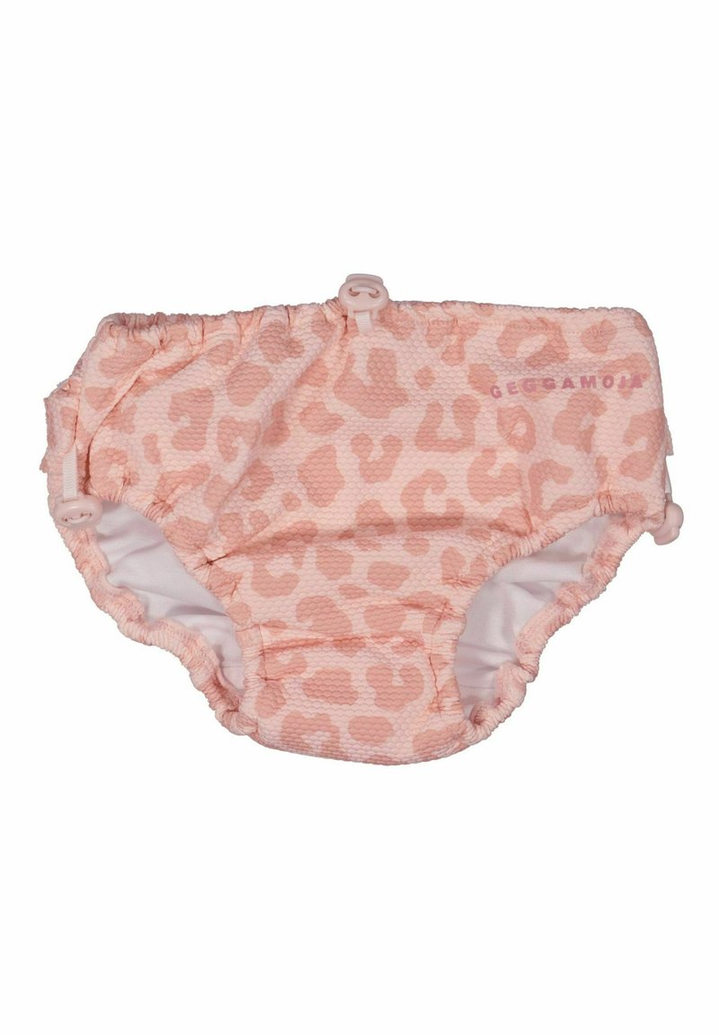 Simduschbyxa med rosa leopardmönster, en texturerad ytterskikt, elastisk midjeband och knappar på sidan. Mjuk innertyg för komfort.