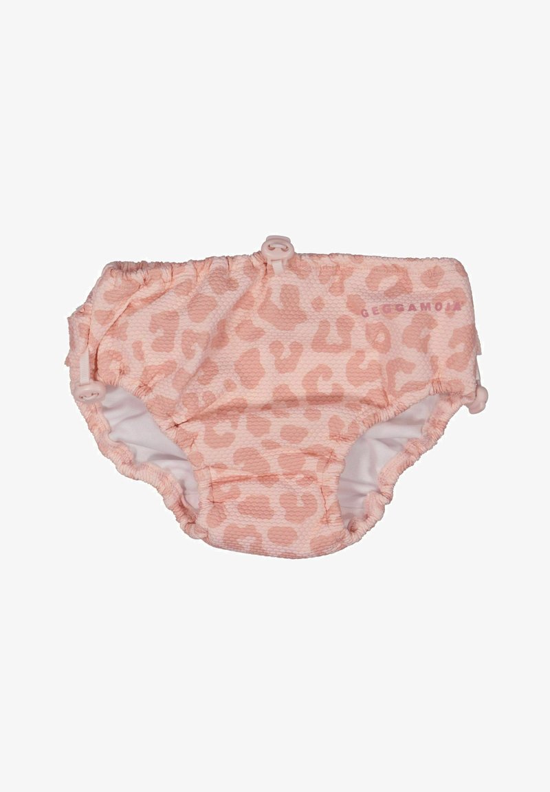 Lyserød leopardmønster svømmeble med et tekstureret yderlag, elastisk talje og knapdetaljer på siden. Blødt inderlager for komfort.