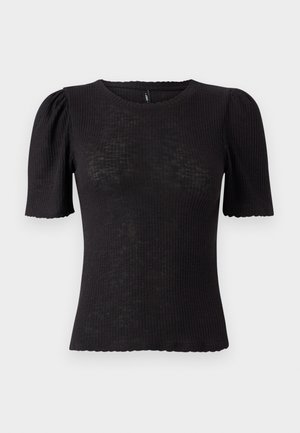 Black ribbed top with short puff sleeves, rounded neckline, textured fabric, and scalloped edge at the sleeve openings.