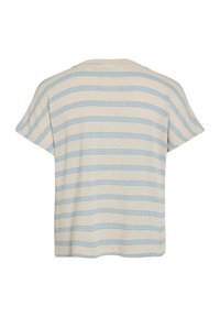 Camicetta a maniche corte color crema con strisce orizzontali blu, caratterizzata da una vestibilità rilassata e una trama morbida. La vista posteriore mostra un design semplice.