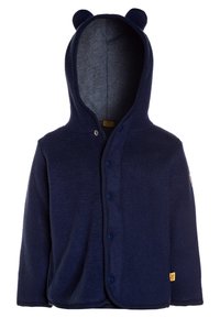 Sudadera de forro polar azul marino con orejas de oso, cierre frontal de cremallera completa y botón a presión. Textura suave y forro interior estampado.