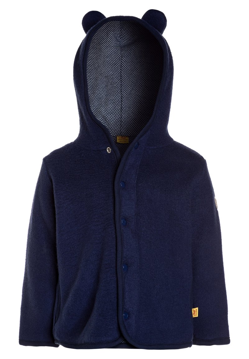 Sudadera de forro polar azul marino con orejas de oso, cierre frontal de cremallera completa y botón a presión. Textura suave y forro interior estampado.