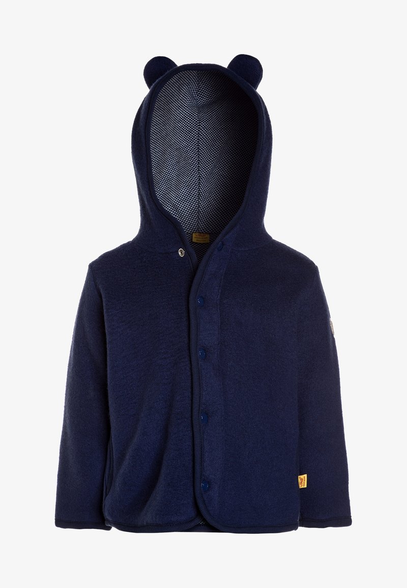 Sudadera de forro polar azul marino con orejas de oso, cierre frontal de cremallera completa y botón a presión. Textura suave y forro interior estampado.