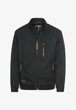 Schwarze Jacke mit Stehkragen, Reißverschluss, mehreren Taschen, strukturiertem Stoff und elastischen Bündchen. Mit Lederakzenten und Reißverschlussdetails.