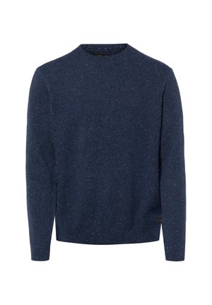 Maglione lavorato a maglia blu navy screziato con maniche lunghe e scollo rotondo, polsini e orlo a coste, mostrato su sfondo bianco.